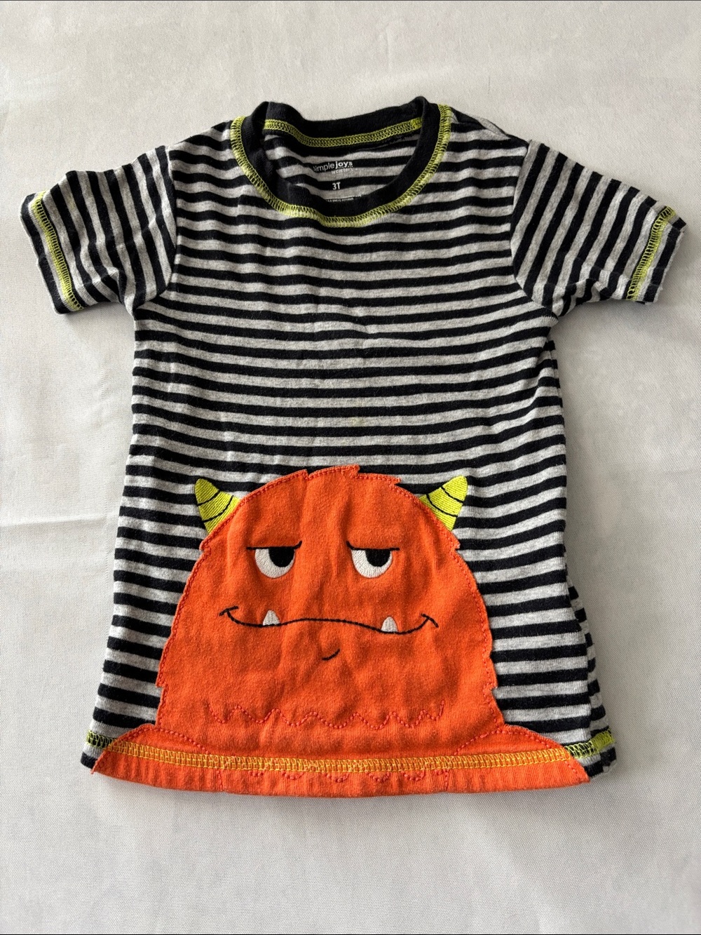 Simple Black & White Striped Tee with Orange Monster Appliqué size toddler 3T
